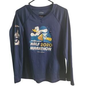 Run Disney Half Marathon 2020 Women's Long Sleeve Tee Sz Large WDW Blue V-Neck